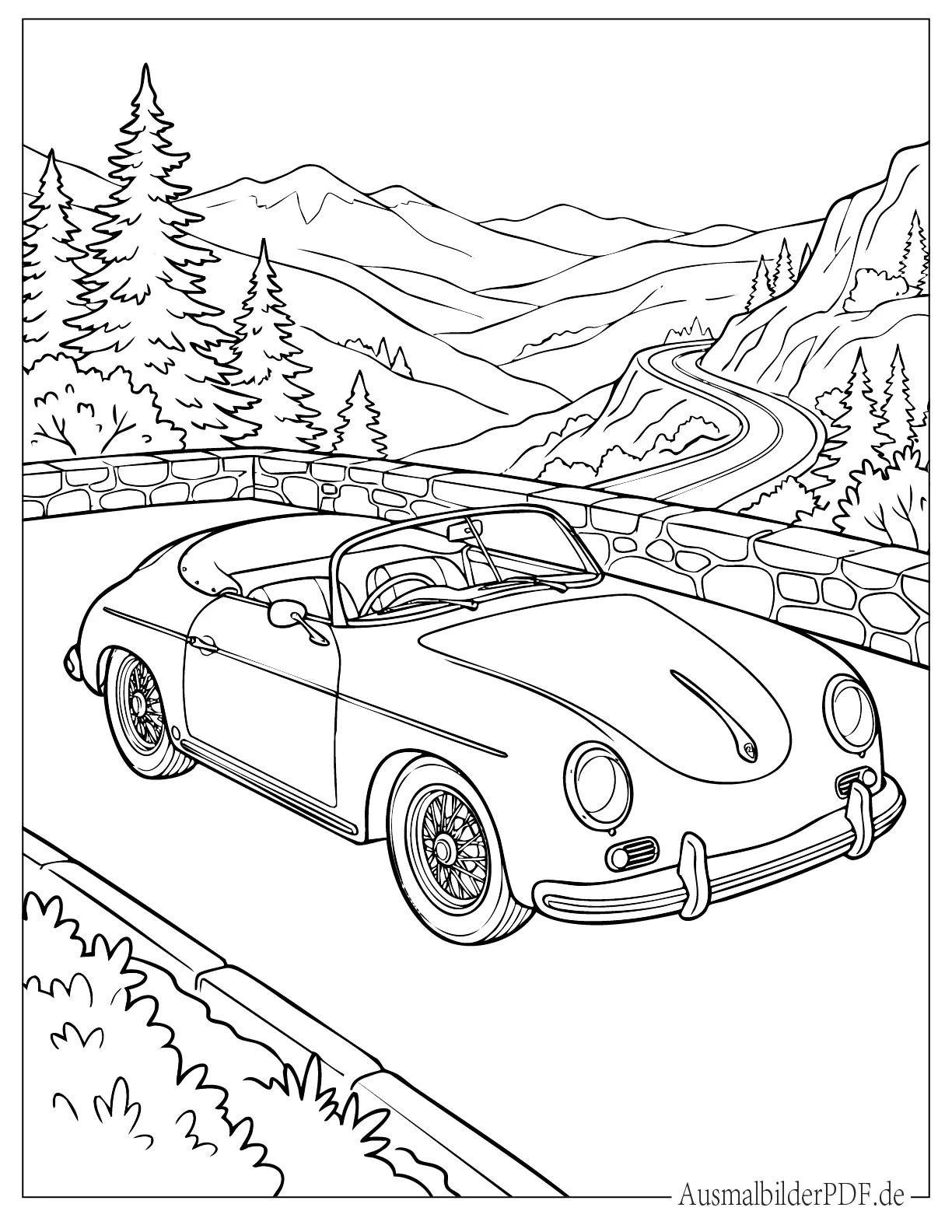 Porsche 356 Oldtimer fährt auf Bergstraße Malvorlage