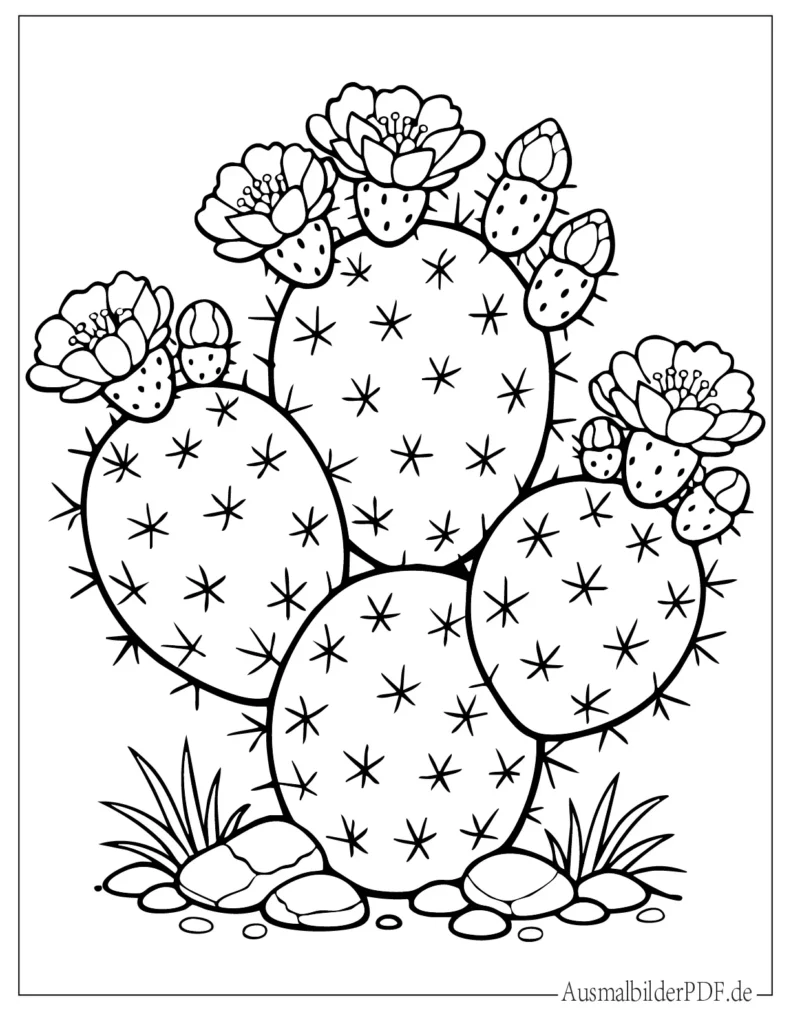 Kaktus Ausmalbilder (Gratis zum Ausdrucken und Ausmalen) Ausmalbild eines Opuntien-Kaktus mit klaren Konturen, ideal für Kinder zum Ausdrucken und Ausmalen
