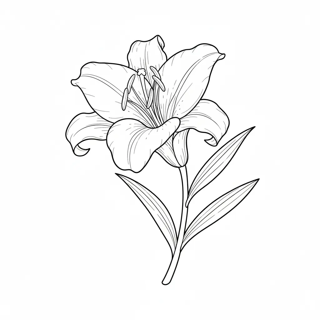 30+ Blumen Ausmalbilder (Gratis Malvorlage zum Ausdrucken) Ausmalbild mit einer einzelnen Osterlilie als PDF Vorlage zum Ausdrucken, geeignet für Kinder und Erwachsene