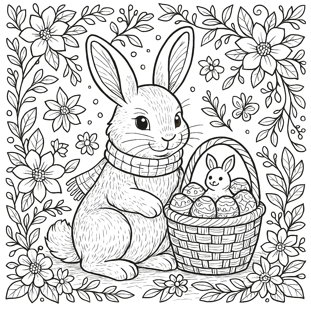 Dieses Hase Ausmalbild zum Ausdrucken kostenlos zeigt einen Osterhasen mit einem Korb voller bunter Ostereier – ideal für Kinder.