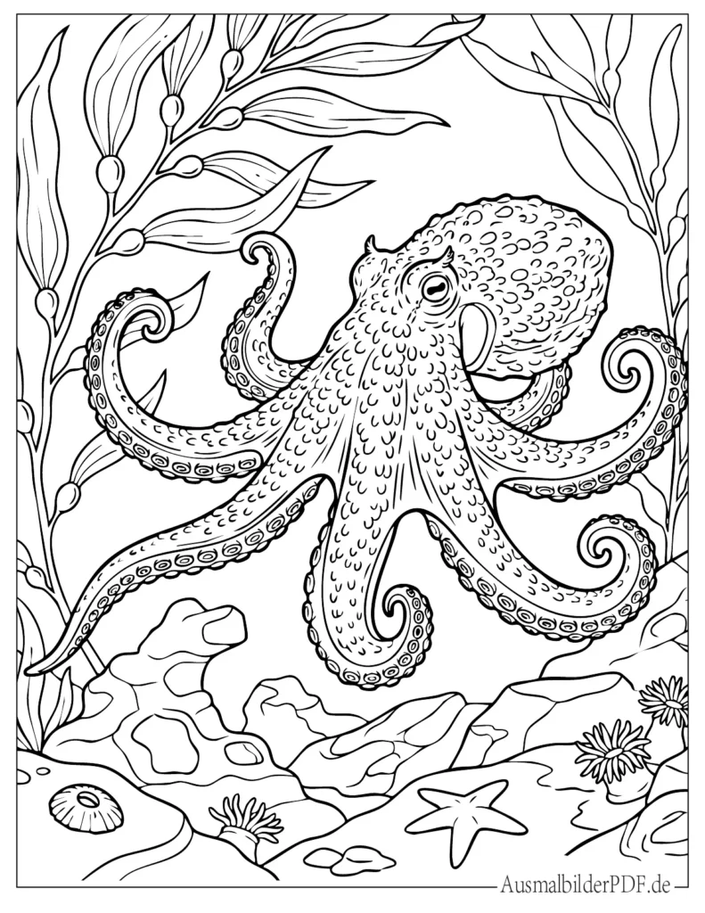 Druckvorlage einer Ostpazifik Roten Krake für Kinder, perfekt zum Ausmalen und Drucken