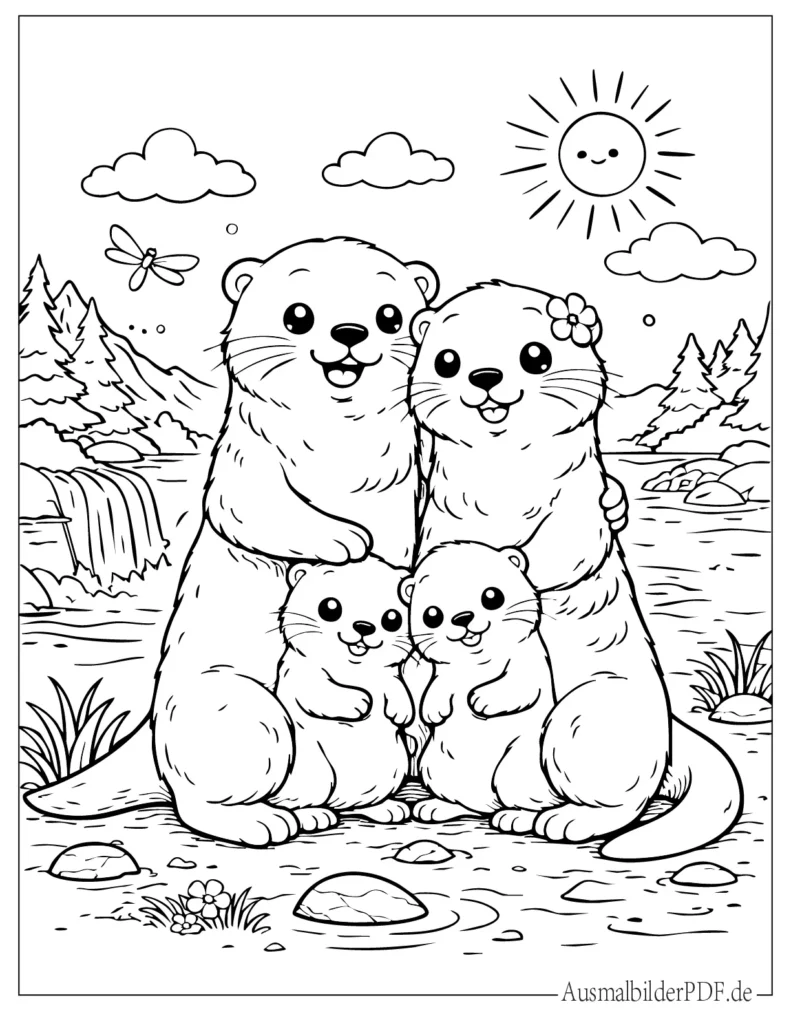 Ausmalbild einer Otter Familie mit Mutter, Vater und Babys, perfekt für Kinder zum Ausmalen und Ausdrucken