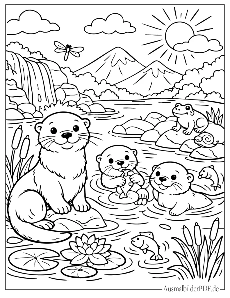Ausmalbild von einem Otter im Wasser für Kinder, ideal als Malvorlage zum Ausdrucken