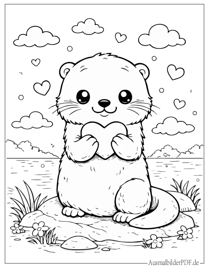 Ausmalbild eines niedlichen Otters, der ein Herz hält, für Kinder zum Ausdrucken