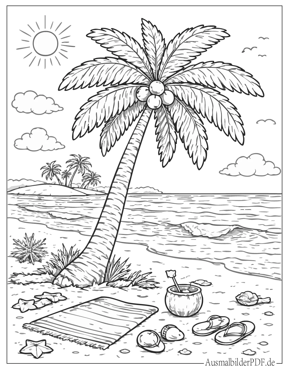 Eine Palme an einem sonnigen Strand mit türkisblauem Meer zum Ausmalen für Kinder und Erwachsene die den Sommer lieben.