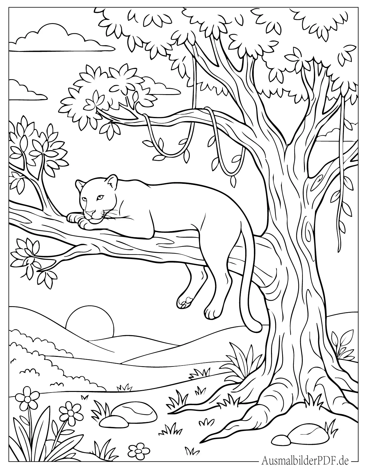 Realistischer Panther ruht auf einem Ast Malvorlage