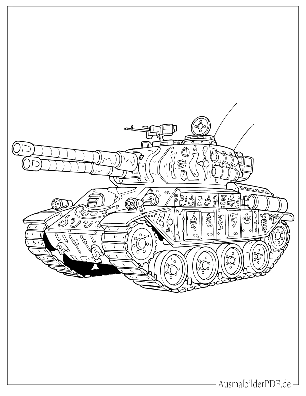 14 Panzer Ausmalbilder (Gratis Vorlagen zum Ausdrucken) Ein mächtiger Panzer Malvorlage mit zwei Kanonen als Zeichnung, spannend für Kinder zum Ausmalen