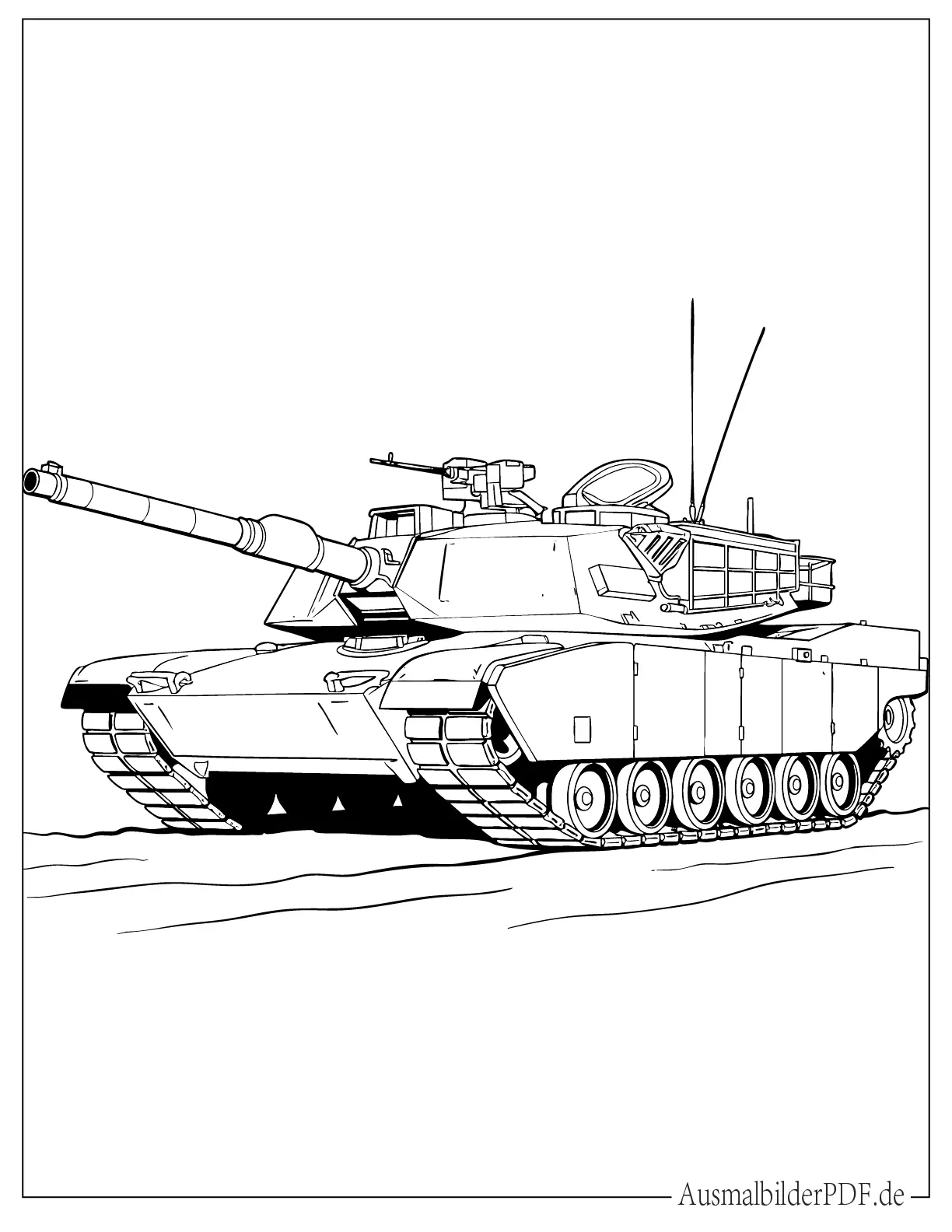 14 Panzer Ausmalbilder (Gratis Vorlagen zum Ausdrucken) Schlichte Umrisszeichnung eines Panzers mit klaren Linien, einfach und schnell für Kinder auszumalen