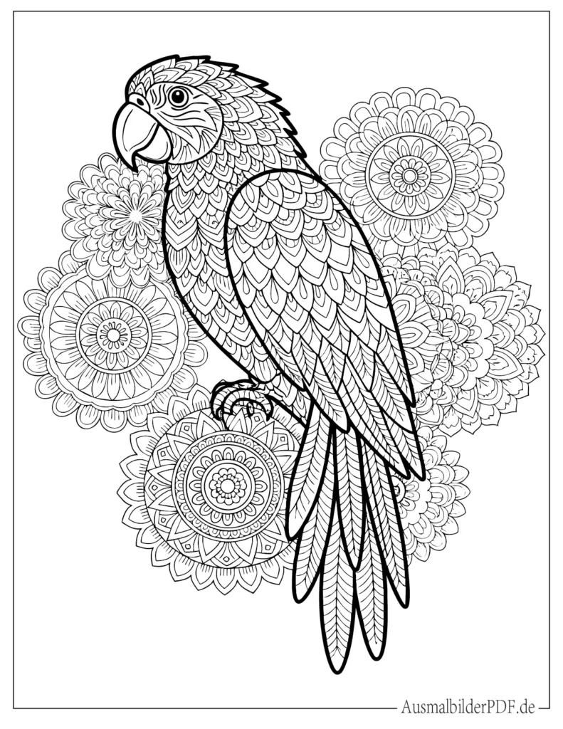 Detailreiches Papagei Mandala Ausmalbild für Erwachsene, ideal zum Ausmalen und Entspannen, mit komplexen Mustern und klaren Linien