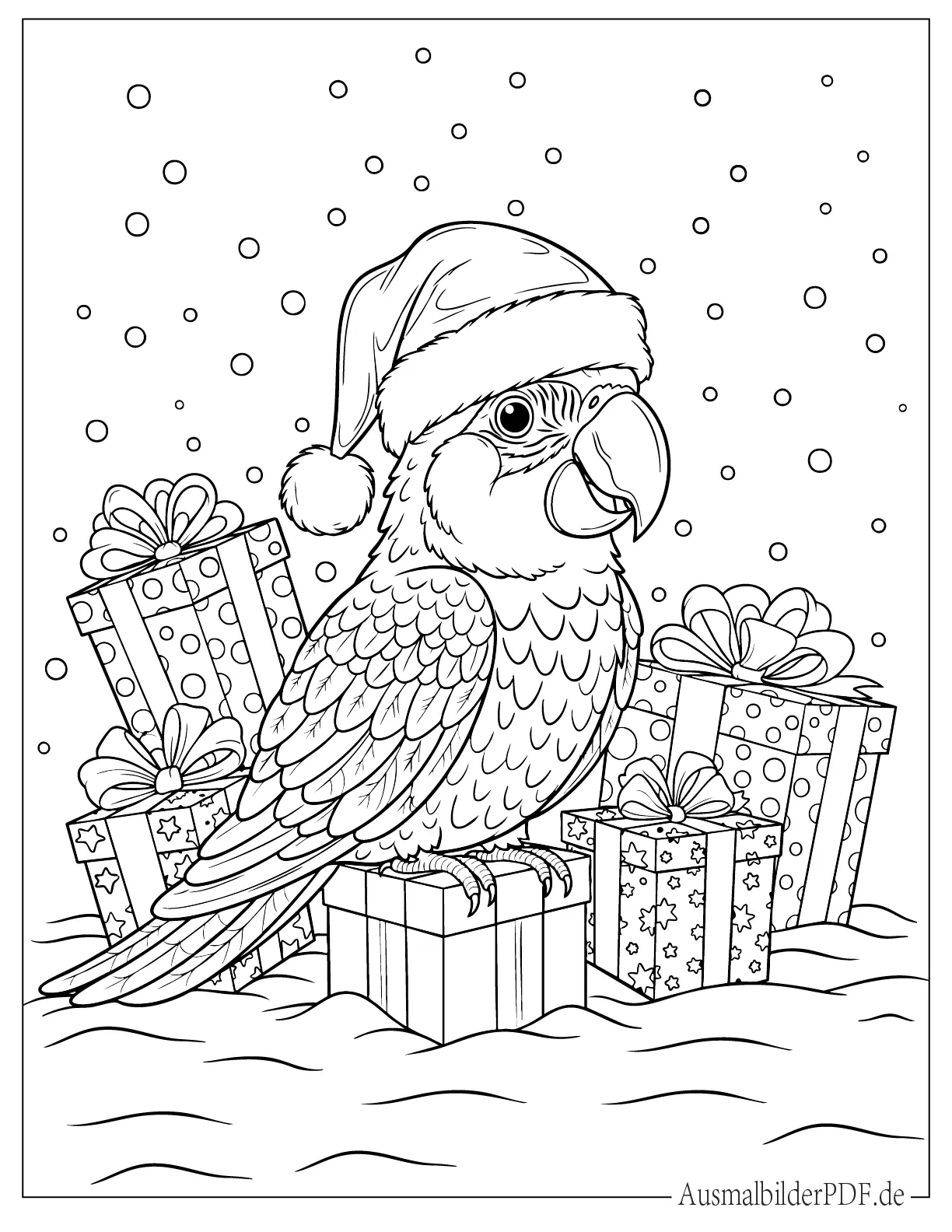 Weihnachtlicher Papagei mit Weihnachtsmütze und Geschenken Ausdruckbare Malvorlage
