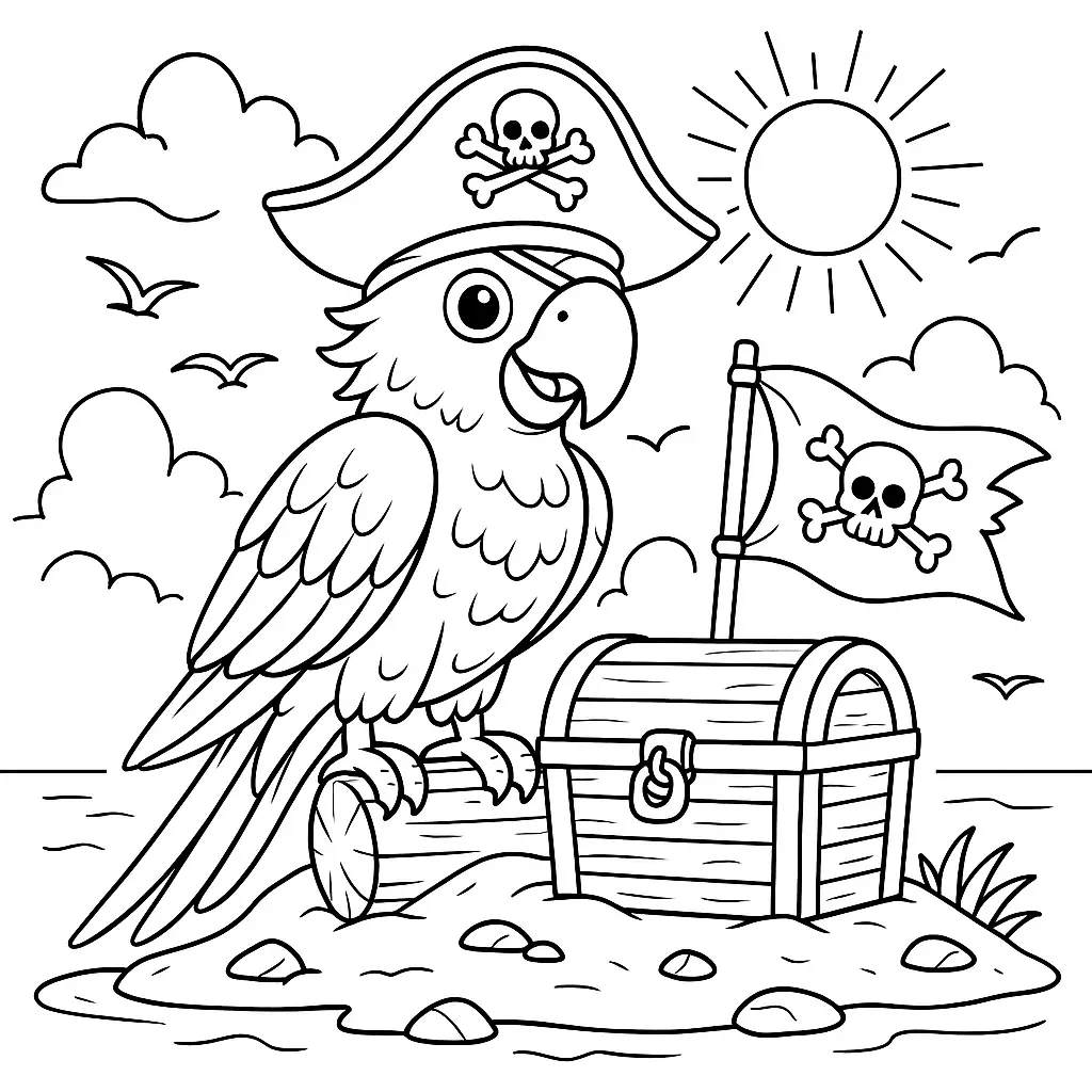 Piraten Papagei mit Schatztruhe und Piratenflagge – Ausmalbild kostenlos zum Ausdrucken
