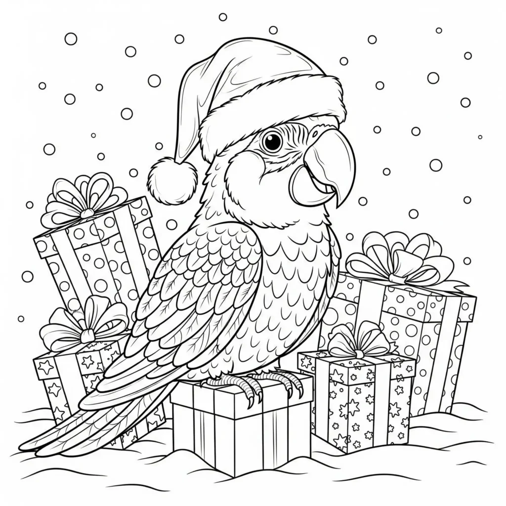 Papagei Ausmalbild mit Weihnachtsmütze zum Ausdrucken für Kinder, einfache Malvorlage zum Ausmalen