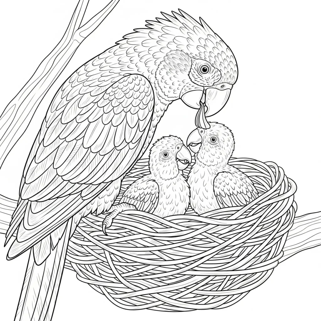 Papageiennest mit Baby Papageien Ausmalbild zum Ausdrucken für Kinder, einfache Malvorlage zum Ausmalen