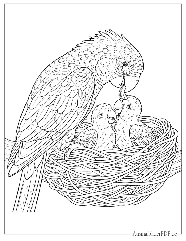 Malvorlage mit einem Papageiennest und Baby Papageien, für Kinder geeignet, ideal zum Ausdrucken und Ausmalen mit einfachen, klaren Linien