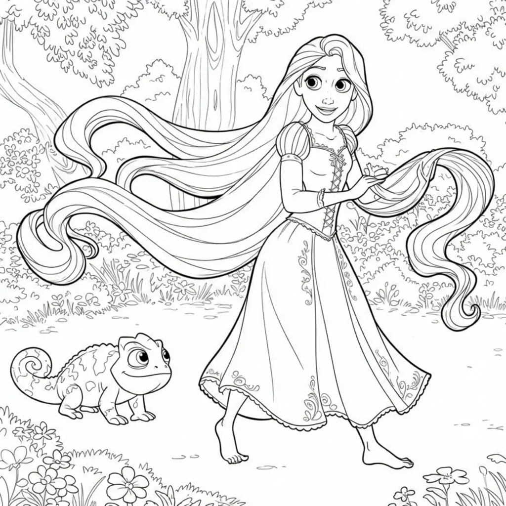 Pascal mit Rapunzel Ausmalbild zum Ausdrucken – süße Malvorlage für Kinder