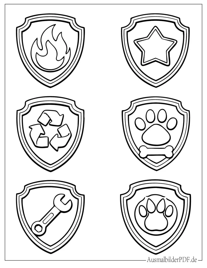 Druckvorlage zeigt verschiedene Paw Patrol Abzeichen, kinderfreundliche Malvorlage zum Ausdrucken und Ausmalen