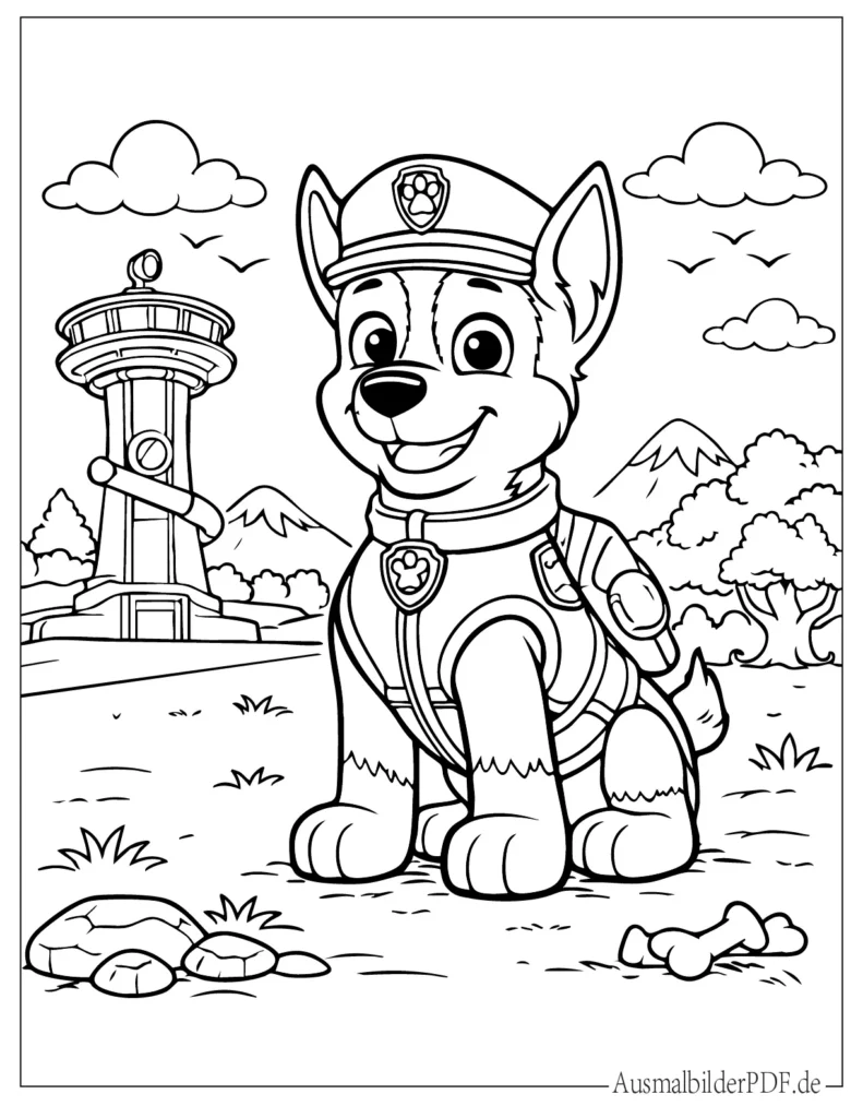 Paw Patrol Chase als Polizeihund Ausmalbild für Kinder, einfache Malbild zum Ausdrucken und Ausmalen
