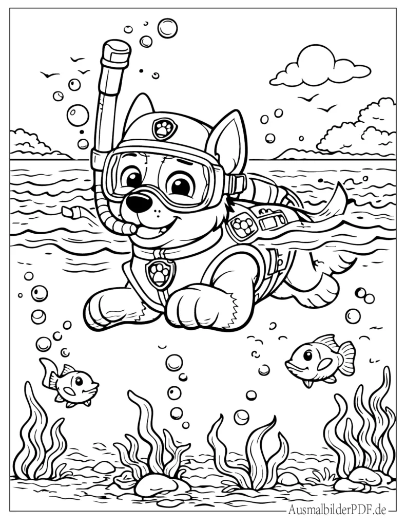 Malvorlage mit Chase beim Schwimmen im Wasser, einfaches ausmalbild für Kinder zum Ausdrucken und Ausmalen