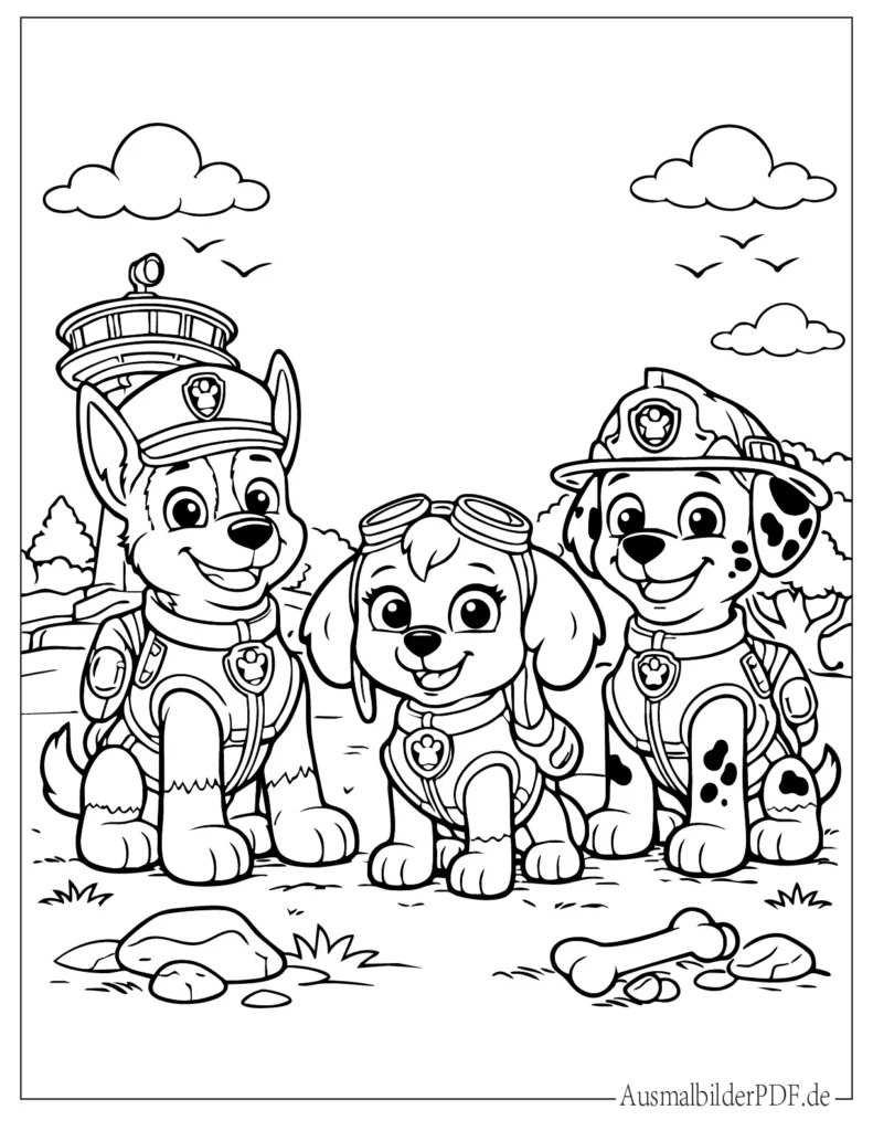 Paw Patrol Ausmalbild mit Chase, Skye und Marshall für Kinder, einfache Malvorlage zum Ausdrucken und Ausmalen