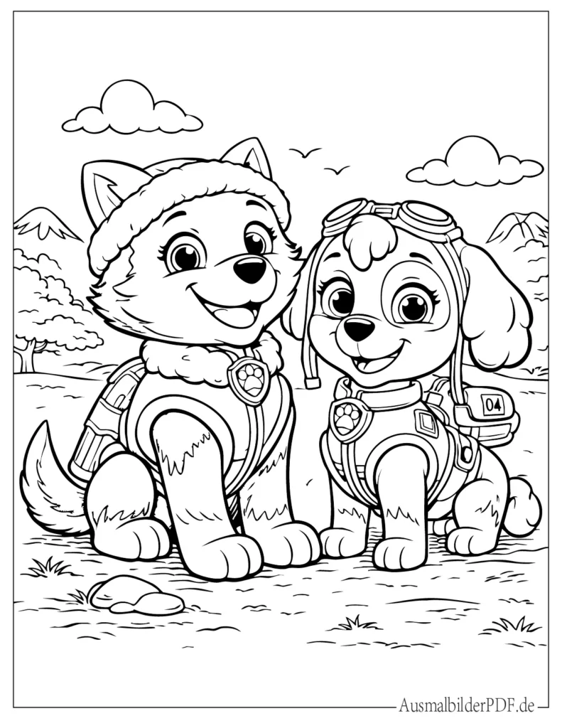 Ausmalblatt zeigt Everest und Skye aus Paw Patrol, einfache Malbild für Kinder zum Ausdrucken und Ausmalen