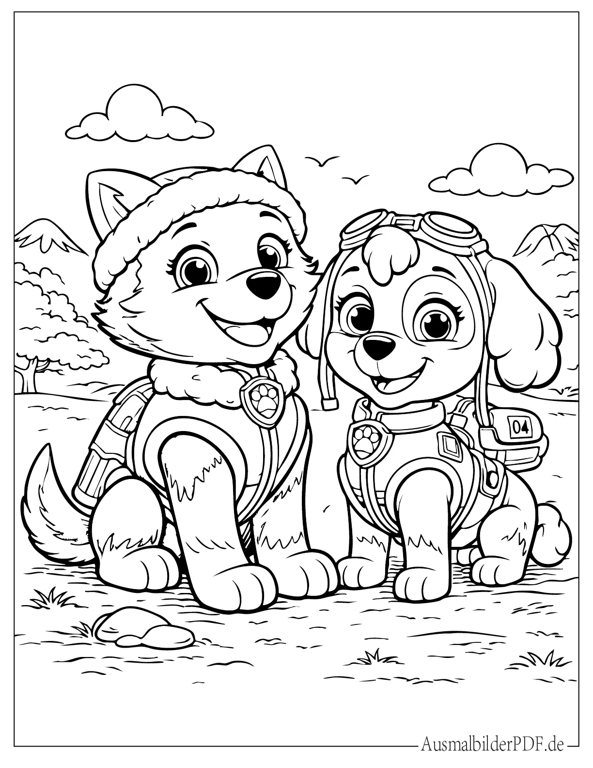 20+ Paw Patrol Ausmalbilder (Gratis Vorlagen zum drucken) Schönes Ausmalbild von Paw Patrol Everest und Skye, die zusammen sitzen