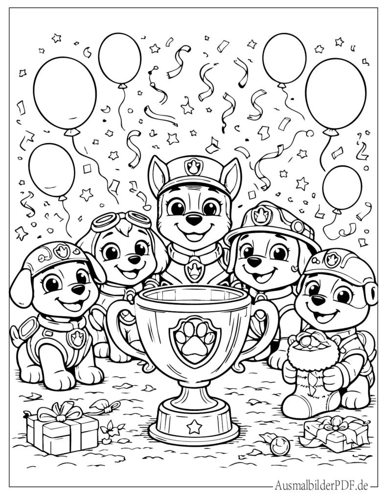 Ausmalbild zeigt Paw Patrol Welpen gemeinsam vor einem großen Pokal, kreative Malbild für Kinder