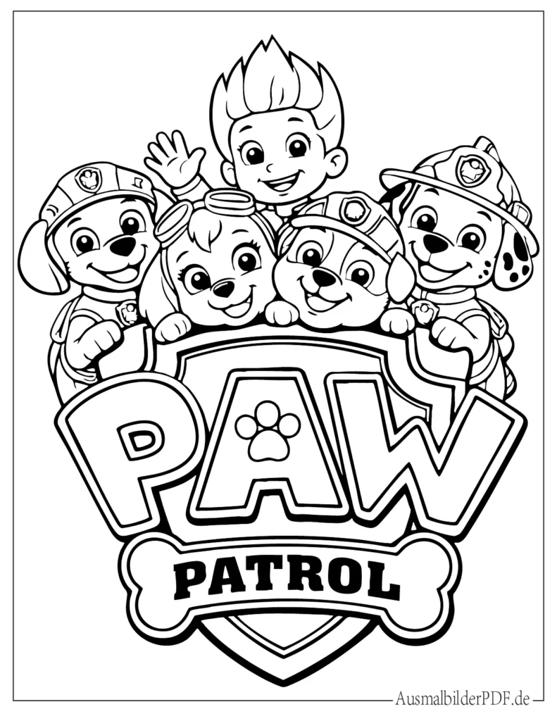 Paw Patrol mit Freunden auf einem Baumstamm ausmalblatt um Ausdrucken und Ausmalen