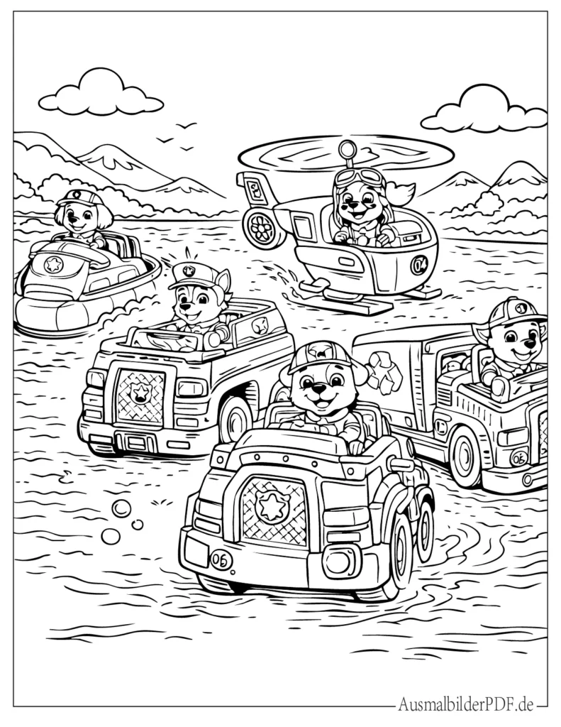 Malvorlage mit Paw Patrol Freunden in ihren Fahrzeugen, einfaches Malbild für Kinder zum Ausdrucken