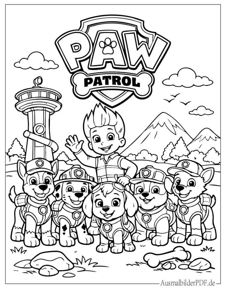 Paw Patrol Ausmalbild für Kinder mit beliebten Hundehelden, ideal als kostenlose Malvorlage zum Ausdrucken