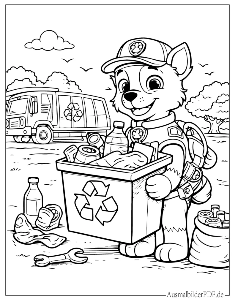 Malvorlage mit Rocky und Recyclingtonne, einfaches ausmalbild für Kinder zum Ausdrucken und kreativen Ausmalen