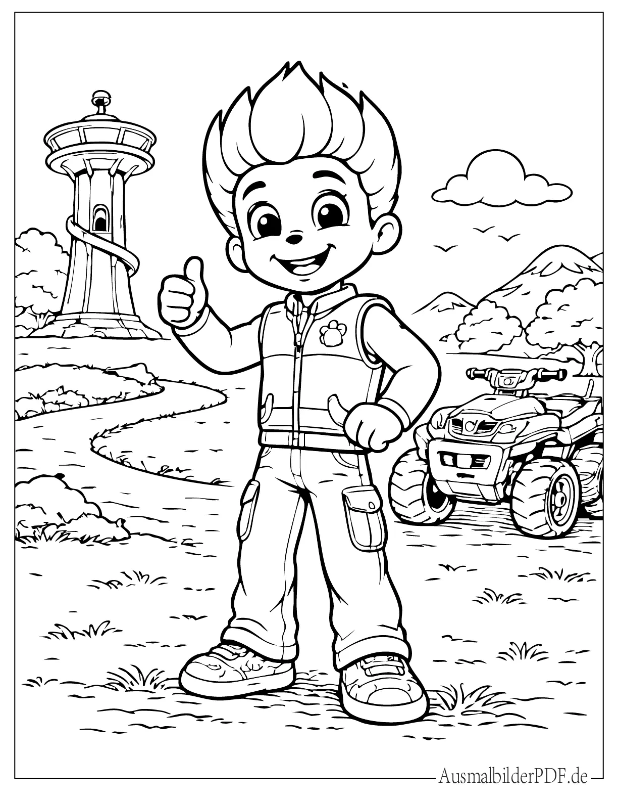 20+ Paw Patrol Ausmalbilder (Gratis Vorlagen zum drucken) Paw Patrol Ryder mit seinem Fahrzeug zum Ausmalen
