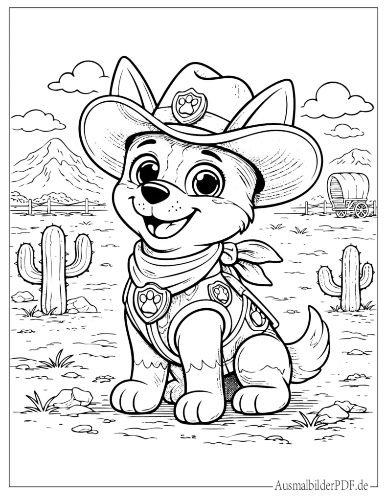 Ausmalblatt zeigt Tracker aus Paw Patrol mit Cowboyhut, kreative Malvorlage für Kinder zum Ausdrucken und Ausmalen