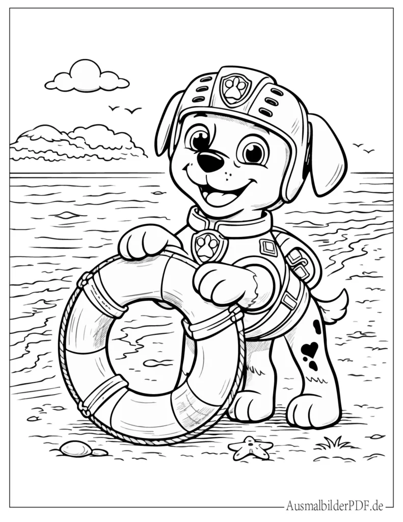 Ausmalbild zeigt Zuma mit Rettungsring aus Paw Patrol, kinderfreundliche Malbild zum Ausdrucken und Ausmalen