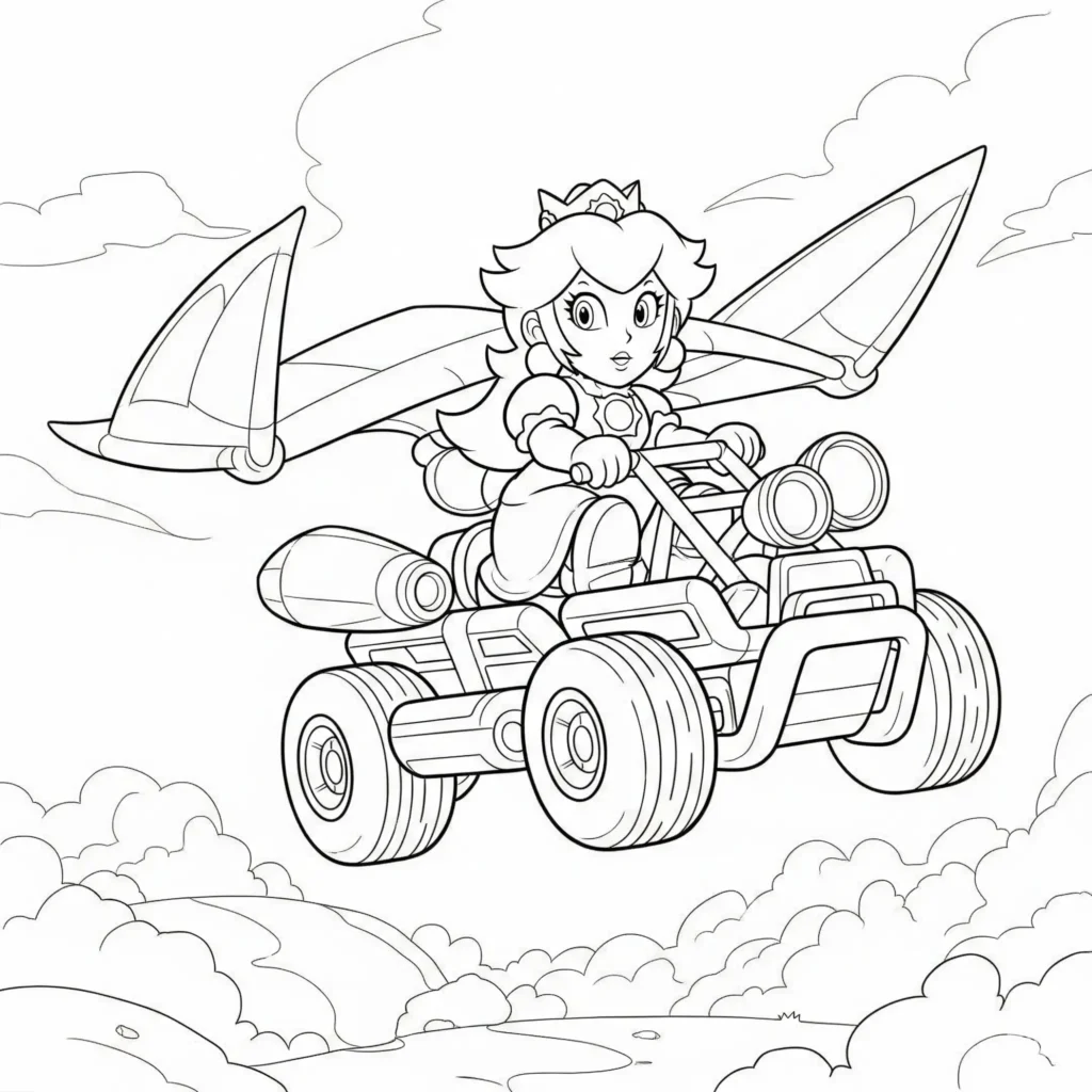 Kostenloses Ausmalbild mit Prinzessin Peach im Gleiter Kart. Als PDF zum Ausdrucken perfekt für Kinder, Erwachsene und Mario Kart Fans.