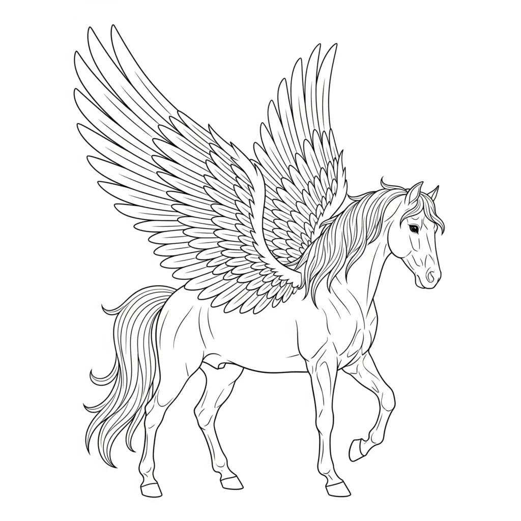 Pegasus Ausmalbilder zum Ausdrucken für Kinder und Erwachsene. Diese Malvorlage ist perfekt für alle Pegasus Fans.