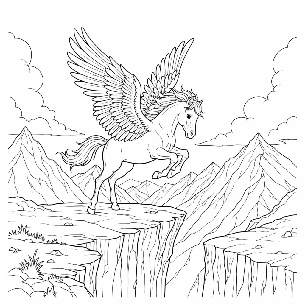 Ein majestätischer Pegasus steht stolz auf einer hohen Bergspitze. Diese Ausmalvorlage ist als PDF für Kinder und Erwachsene erhältlich