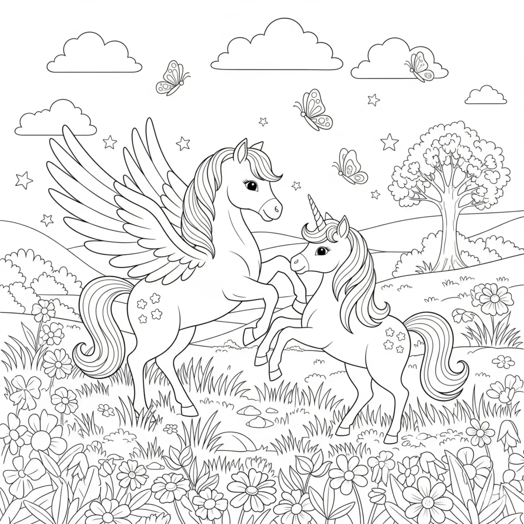 Ausmalbild mit Pegasus und Einhorn, die zusammen auf einer magischen Wiese stehen. Perfekt zum Ausdrucken für Kinder als PDF
