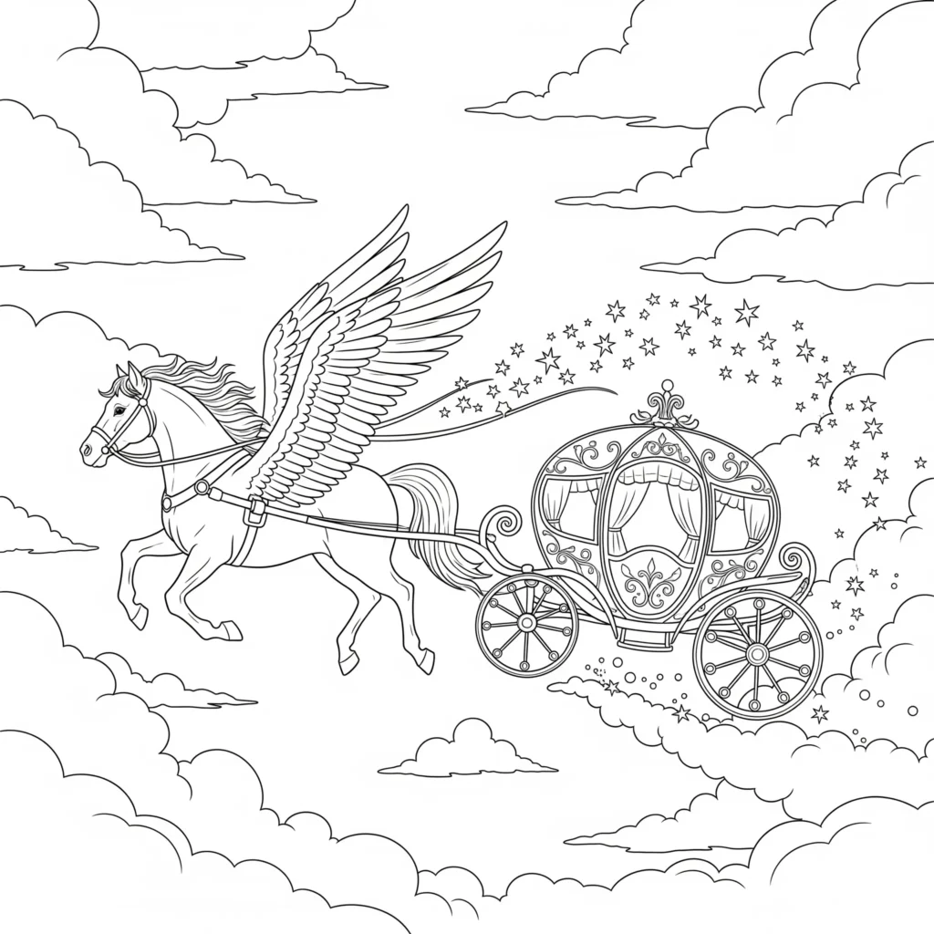 Ein Ausmalbild zeigt einen Pegasus, der eine Feenkutsche durch den Himmel zieht. Diese PDF-Vorlage ist ideal für kreative Kinder