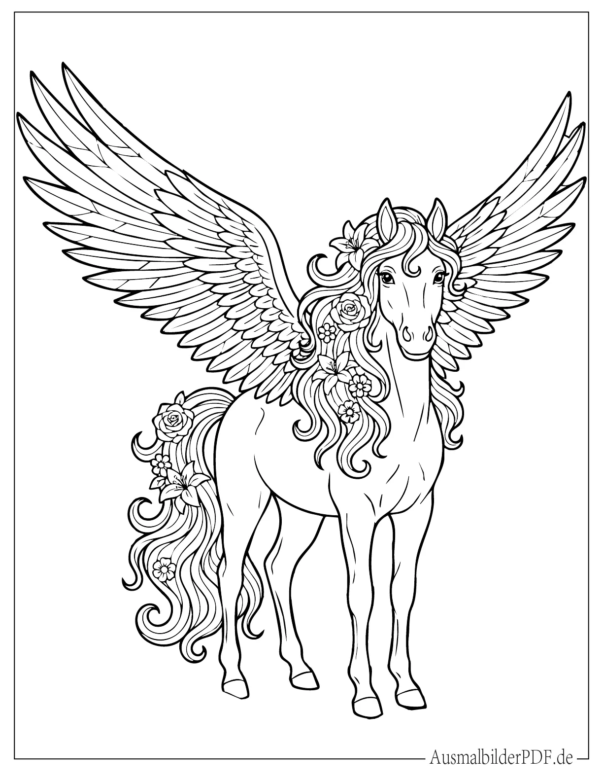 Pegasus mit Blumen in seiner Mähne Ausdruckbare Malvorlage
