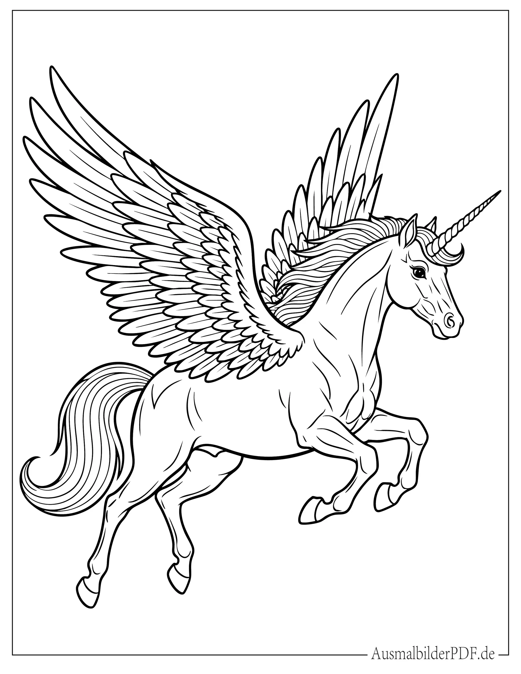 Fantasie Pegasus mit großen Flügeln und Horn Ausmalbild