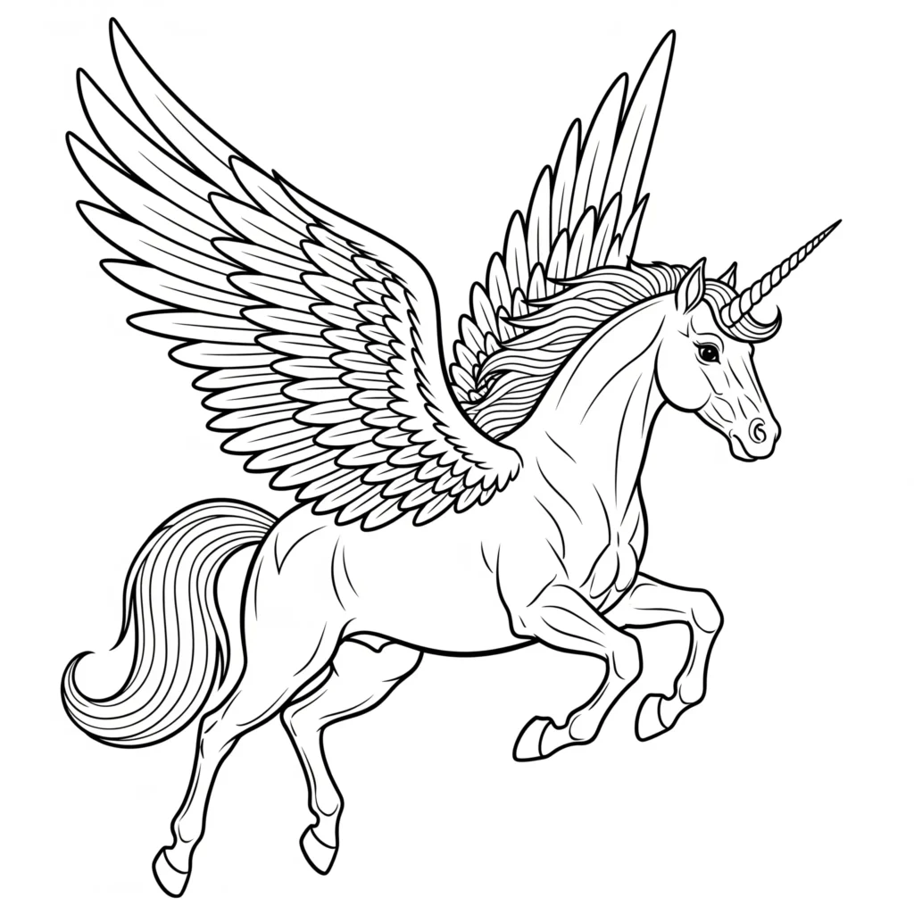 Ein Ausmalbild zeigt einen Pegasus mit Horn, ideal für Kinder als PDF zum Herunterladen und kreativen Ausmalen