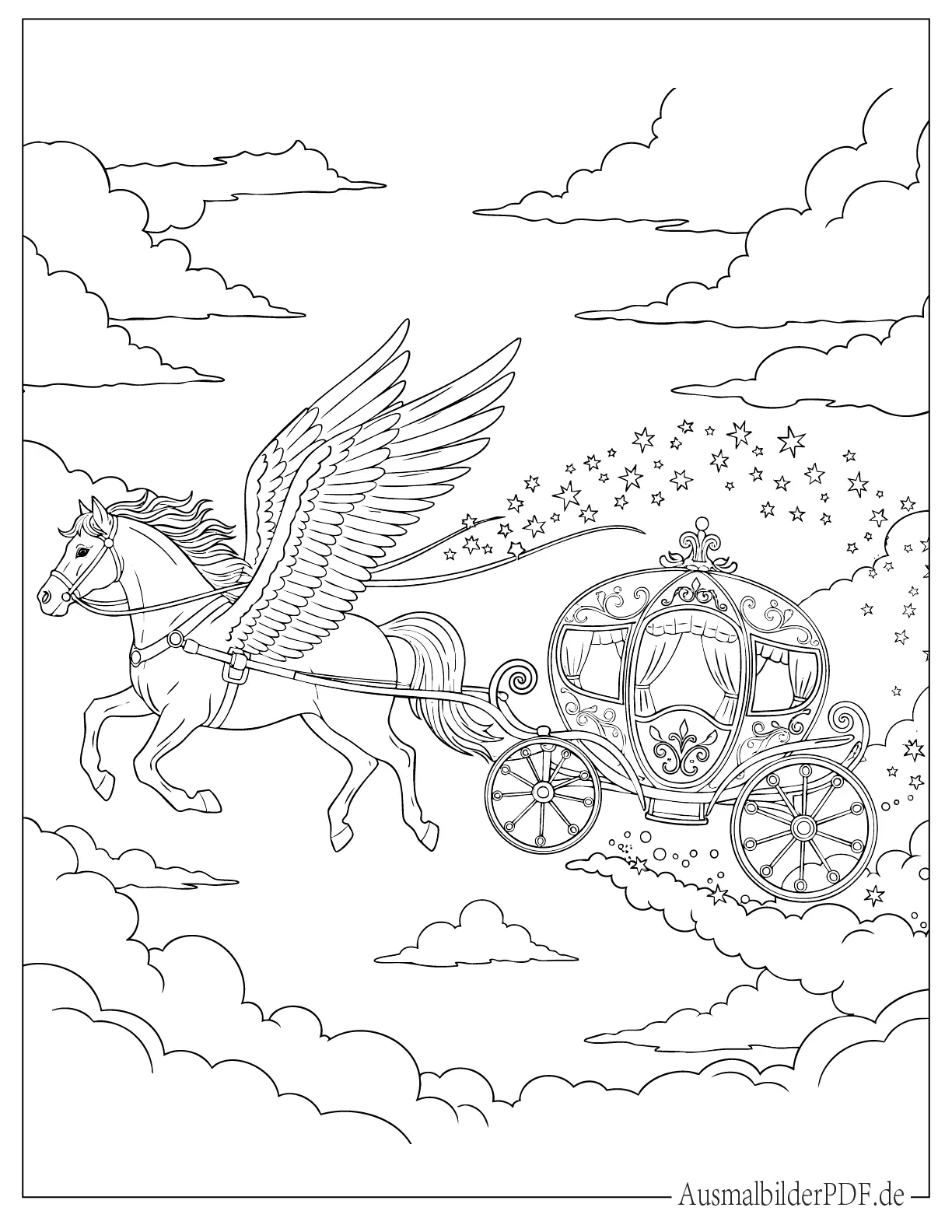 Pegasus zieht eine Feenkutsche in Wolken zum Ausmalen