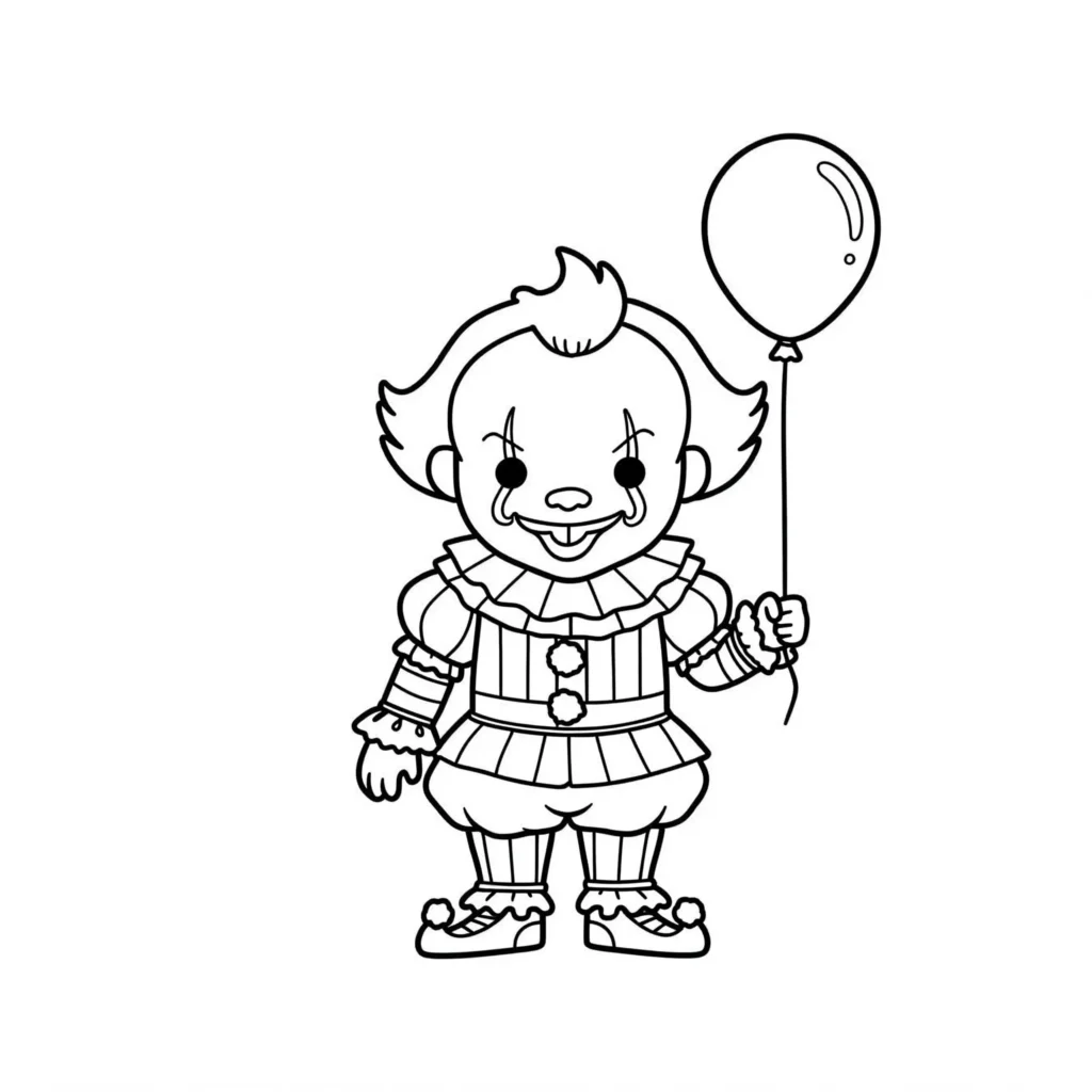 Pennywise Ausmalbild mit gruseligem Gesicht, Ballon und düsterem Hintergrund – perfekt für Horror-Fans