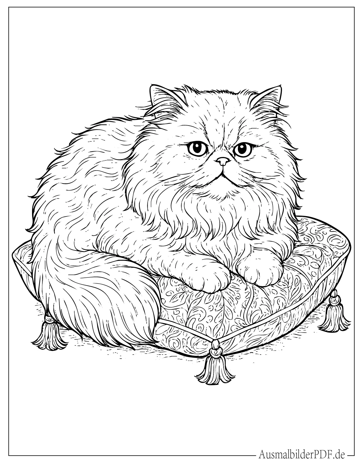 Flauschige Perserkatze sitzt auf Kissen zum Ausmalen
