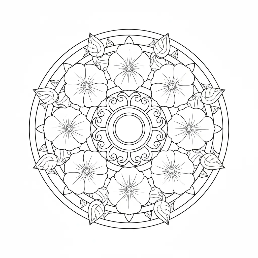 30+ Blumen Ausmalbilder (Gratis Malvorlage zum Ausdrucken) Mandala Ausmalbild mit einer einfachen Petunie als Muster zum Ausdrucken und Ausmalen für Kinder und Erwachsene