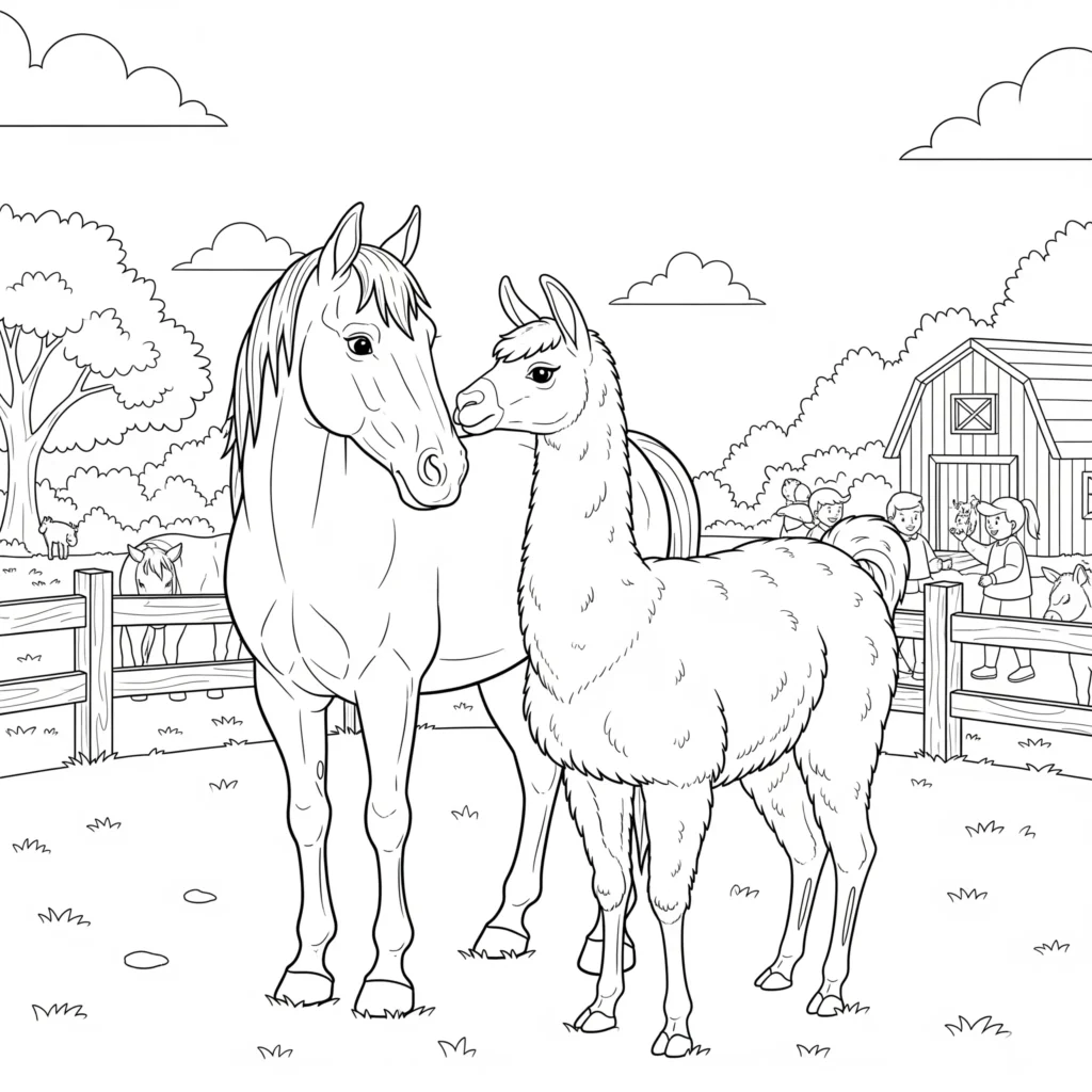 freundliches pferd steht neben einem lama im streichelzoo beide tiere wirken ruhig und einladend pferd ausmalbild für kinder zum ausdrucken