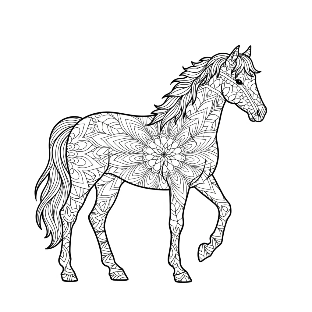 pferd mandala ausmalbild für erwachsene mit detailliertem mandala muster ideal zur entspannung und kreativität