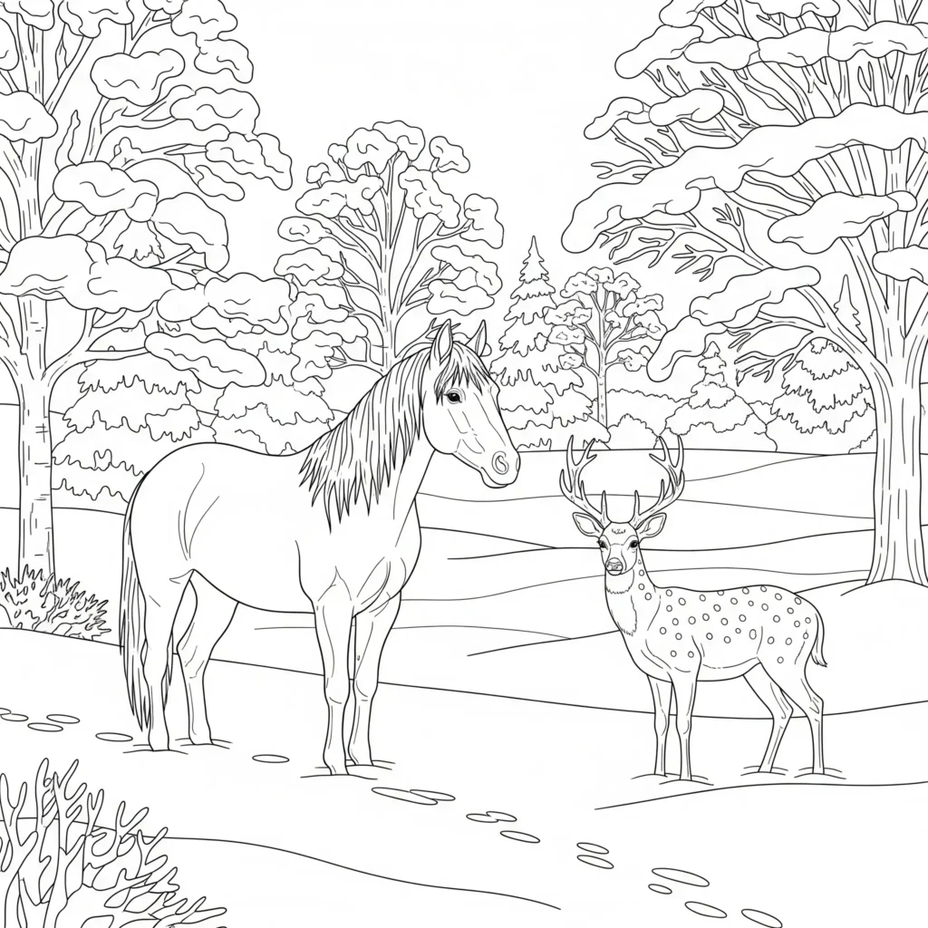 pferd steht neben einem reh in einem verschneiten feld friedliche winterlandschaft als pferd ausmalbild für kinder und erwachsene