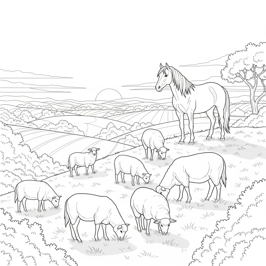 ein pferd und ein schaf stehen friedlich auf einem grasbewachsenen hügel mit weiter aussicht kinderfreundliche pferde ausmalbilder zum drucken