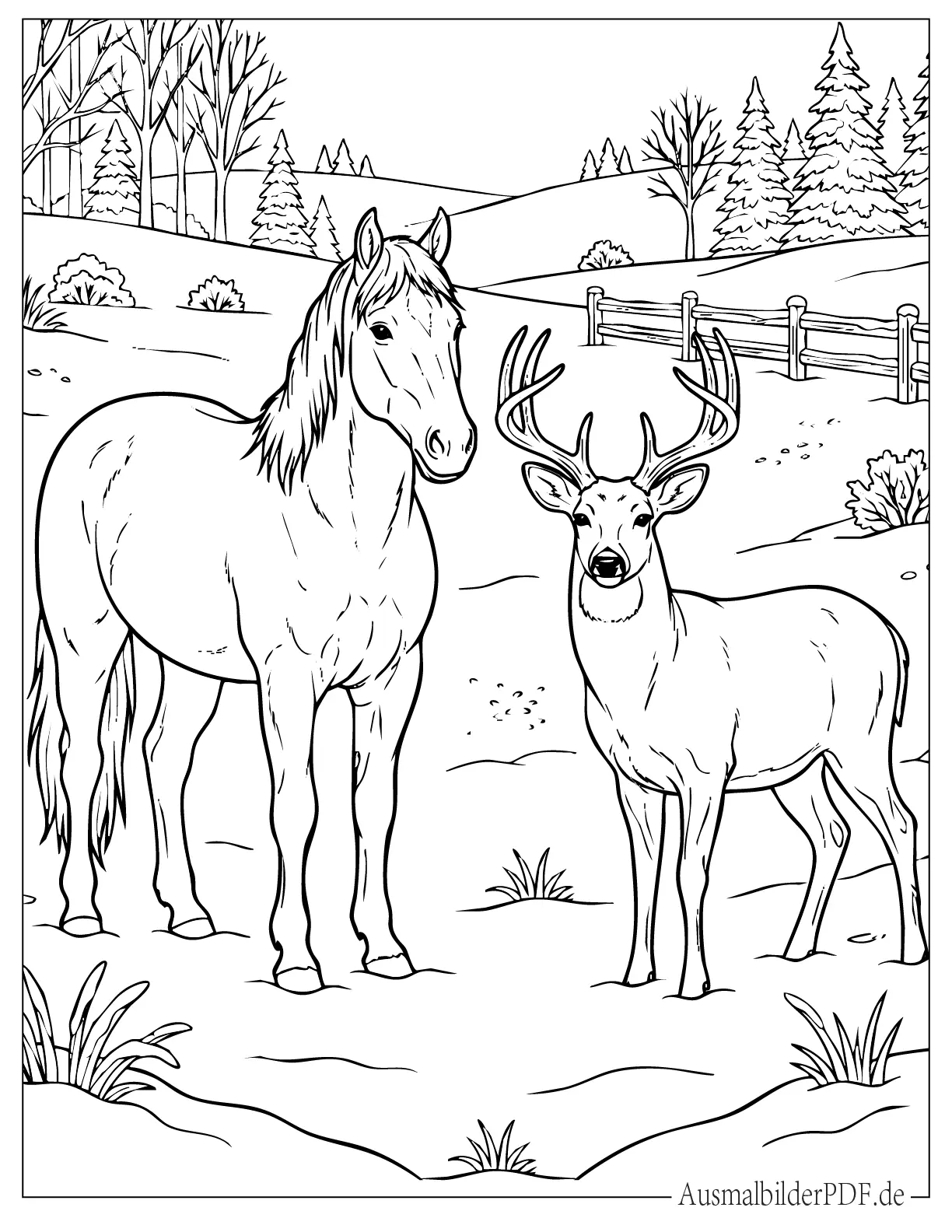 Pferd und Reh in einem verschneiten Feld zum Ausmalen